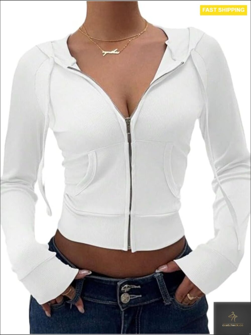 Y2K Cropped Zip Up Hoodie Slim Fit Long Sleeve Jacket with Pockets